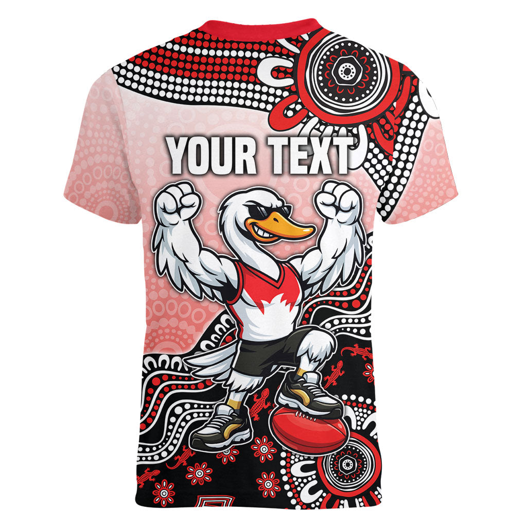 Personalized Sydney Swans Football Mascot Women V-Neck T-Shirt Aboriginal Dot Art Style Vibrant Indigenous Pattern Design