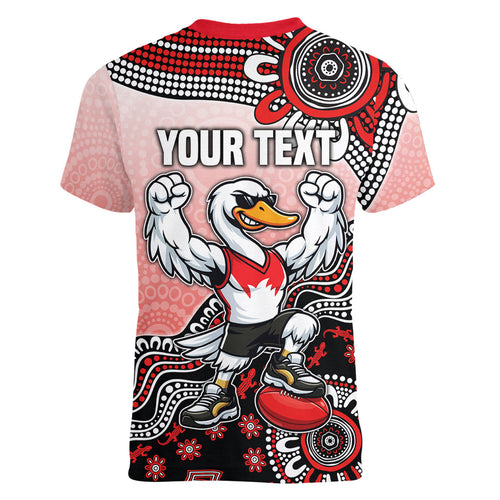 Personalized Sydney Swans Football Mascot Women V-Neck T-Shirt Aboriginal Dot Art Style Vibrant Indigenous Pattern Design