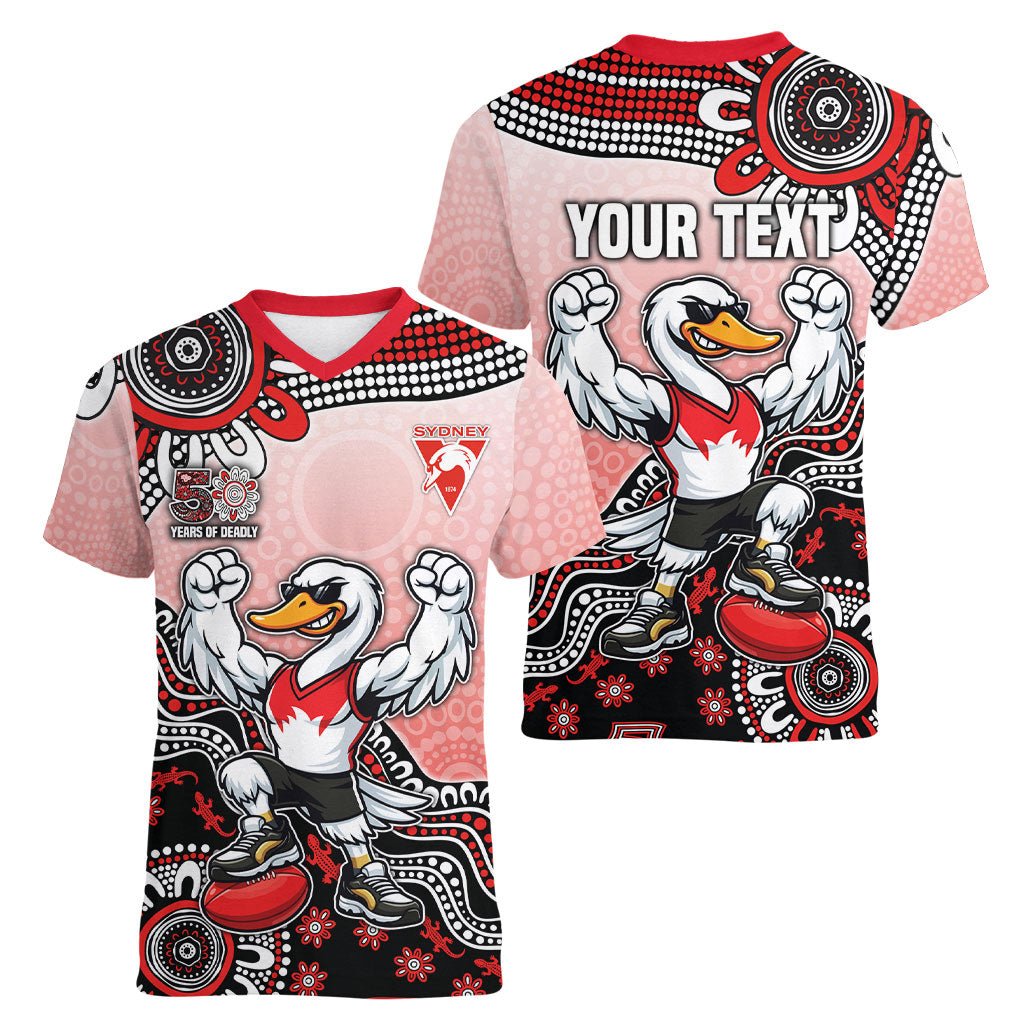 Personalized Sydney Swans Football Mascot Women V-Neck T-Shirt Aboriginal Dot Art Style Vibrant Indigenous Pattern Design