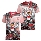 Personalized Sydney Swans Football Mascot Women V-Neck T-Shirt Aboriginal Dot Art Style Vibrant Indigenous Pattern Design