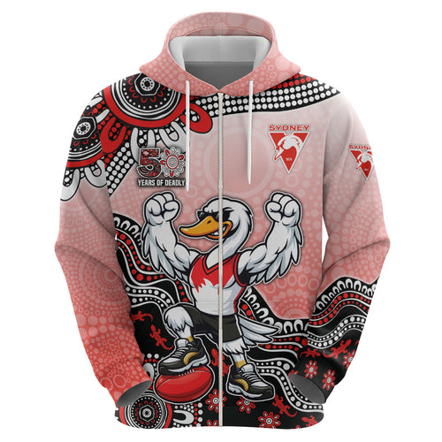 Personalized Sydney Swans Football Mascot Zip Hoodie Aboriginal Dot Art Style Vibrant Indigenous Pattern Design