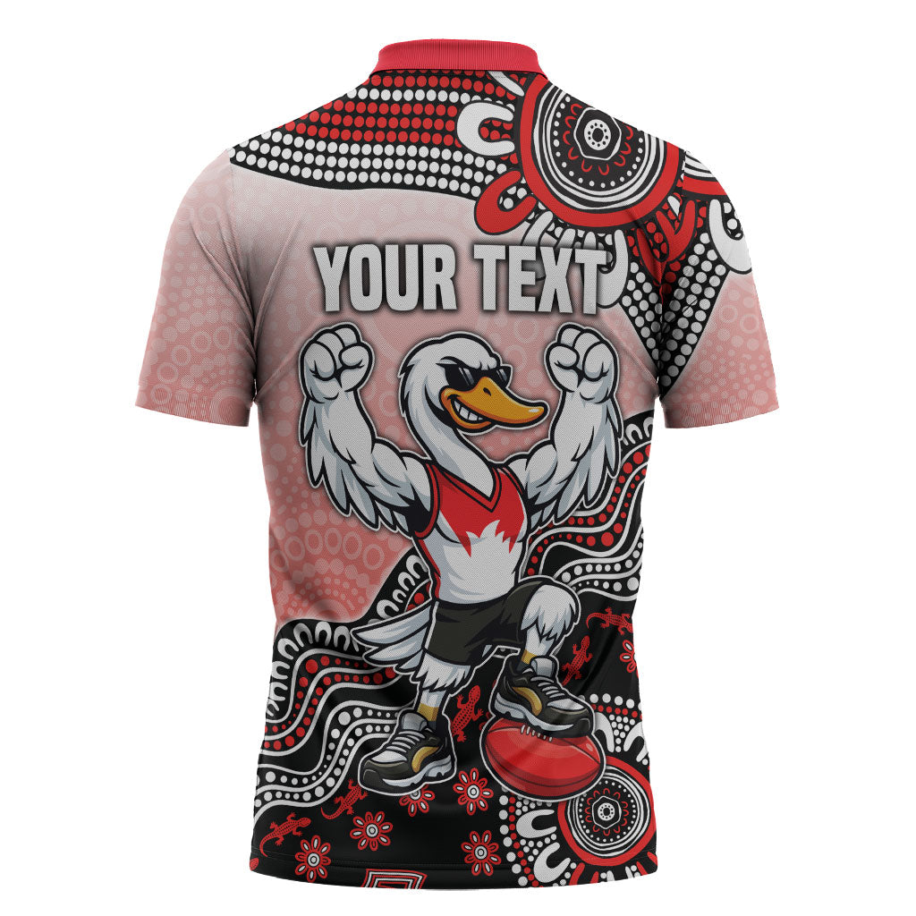 Personalized Sydney Swans Football Mascot Zipper Polo Shirt Aboriginal Dot Art Style Vibrant Indigenous Pattern Design