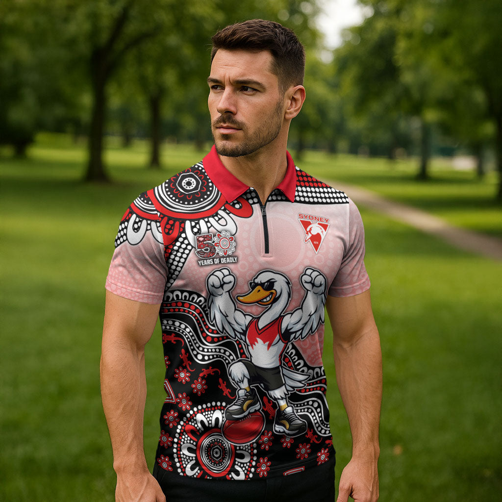 Personalized Sydney Swans Football Mascot Zipper Polo Shirt Aboriginal Dot Art Style Vibrant Indigenous Pattern Design