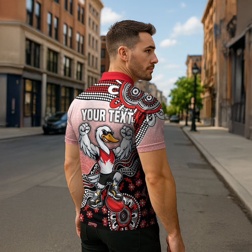 Personalized Sydney Swans Football Mascot Zipper Polo Shirt Aboriginal Dot Art Style Vibrant Indigenous Pattern Design
