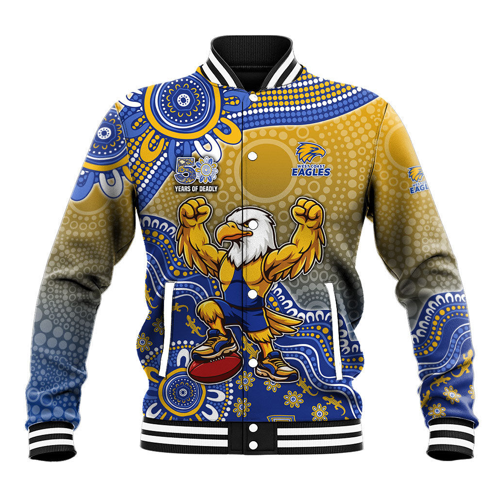 Personalized West Coast Eagles Football Mascot Baseball Jacket Aboriginal Dot Art Style Vibrant Indigenous Pattern Design