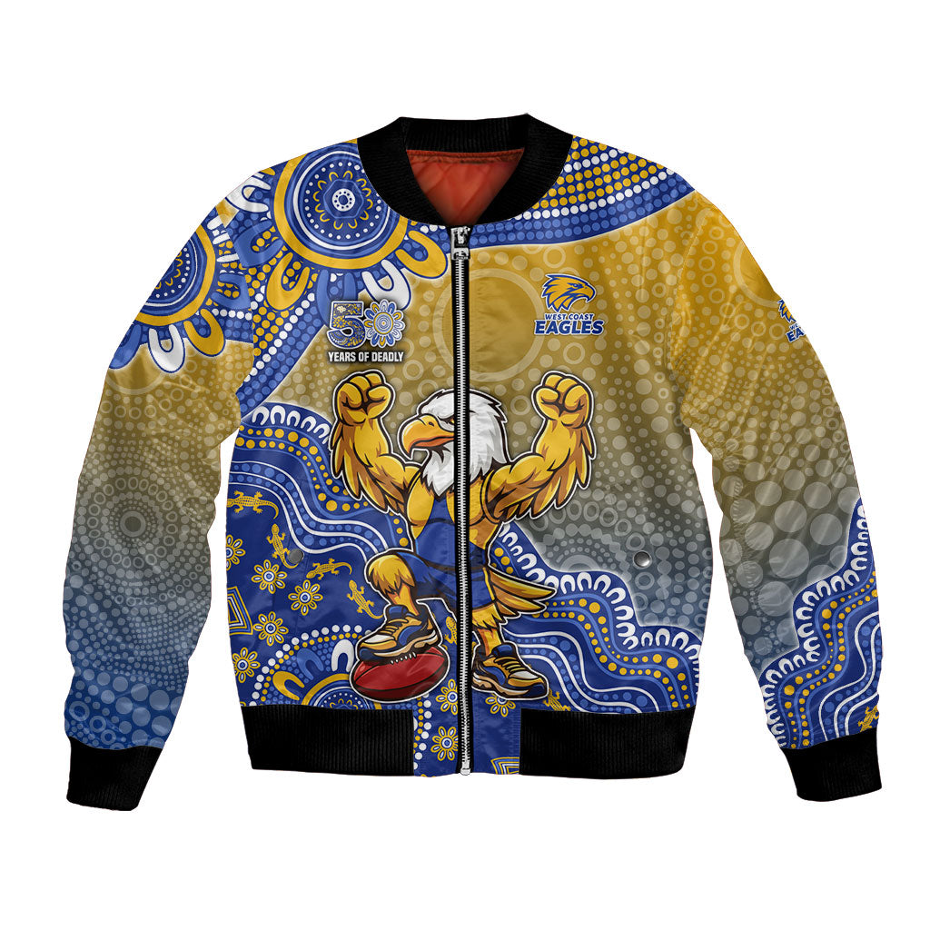 Personalized West Coast Eagles Football Mascot Bomber Jacket Aboriginal Dot Art Style Vibrant Indigenous Pattern Design