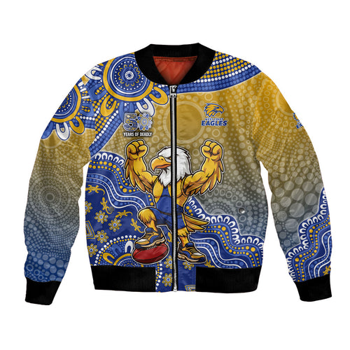 Personalized West Coast Eagles Football Mascot Bomber Jacket Aboriginal Dot Art Style Vibrant Indigenous Pattern Design