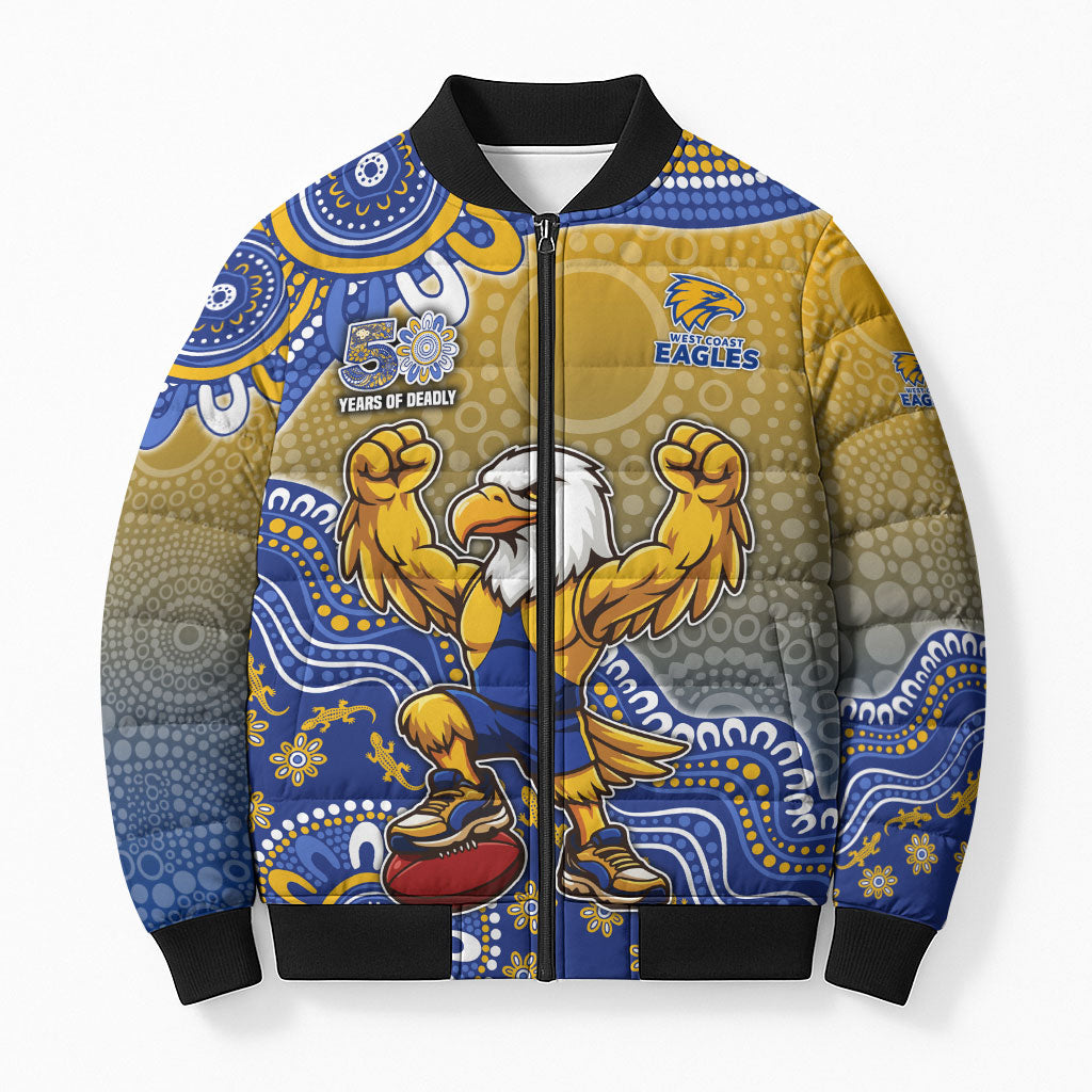 Personalized West Coast Eagles Football Mascot Bomber Puffer Jacket Aboriginal Dot Art Style Vibrant Indigenous Pattern Design