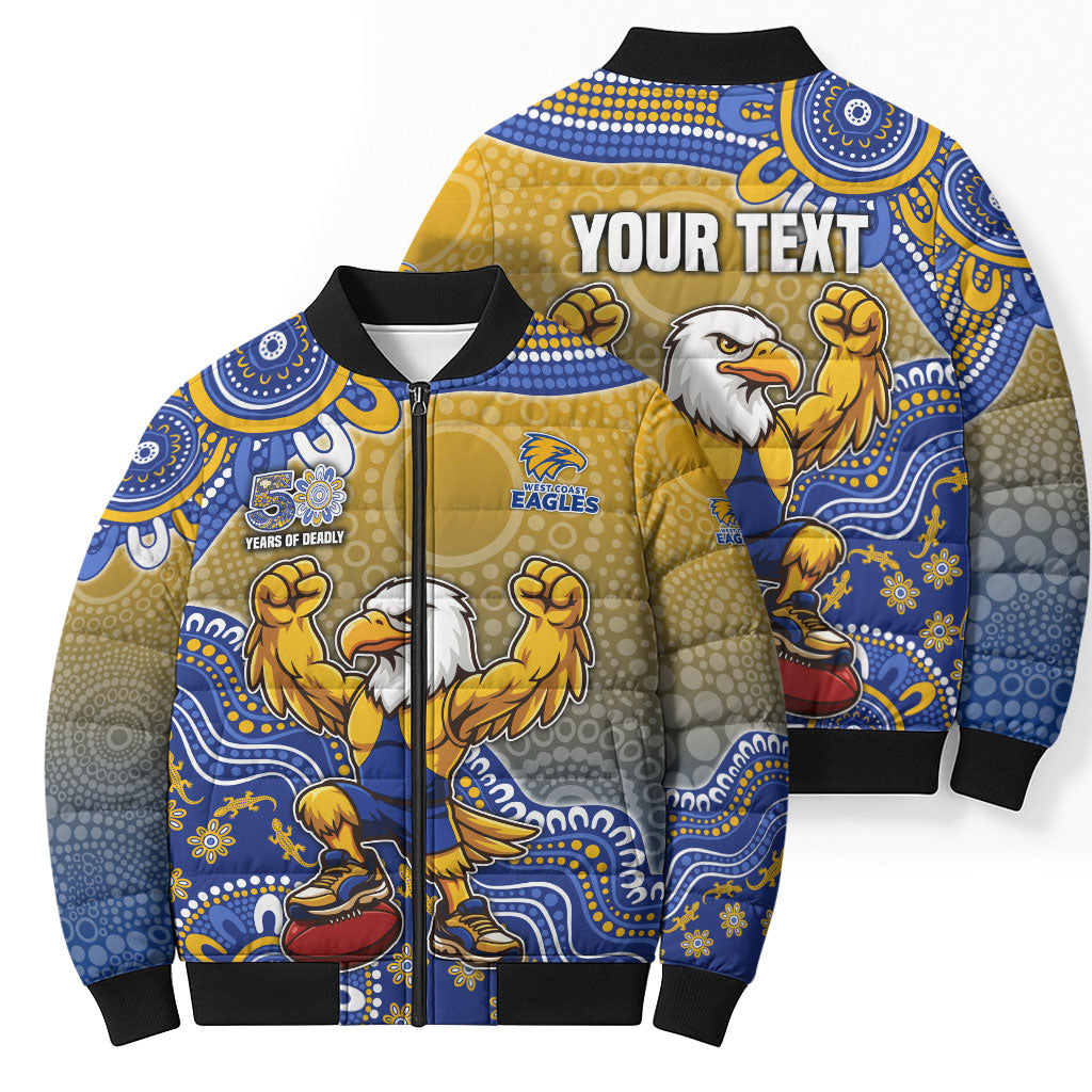 Personalized West Coast Eagles Football Mascot Bomber Puffer Jacket Aboriginal Dot Art Style Vibrant Indigenous Pattern Design