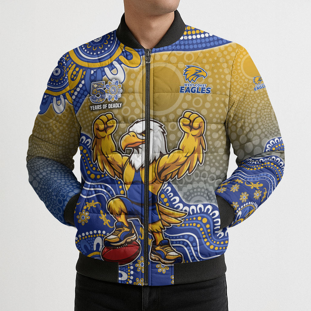 Personalized West Coast Eagles Football Mascot Bomber Puffer Jacket Aboriginal Dot Art Style Vibrant Indigenous Pattern Design