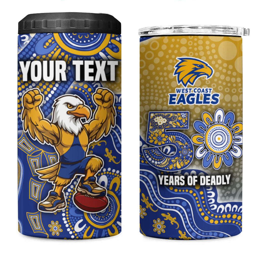 Personalized West Coast Eagles Football Mascot 4 in 1 Can Cooler Tumbler Aboriginal Dot Art Style Vibrant Indigenous Pattern Design