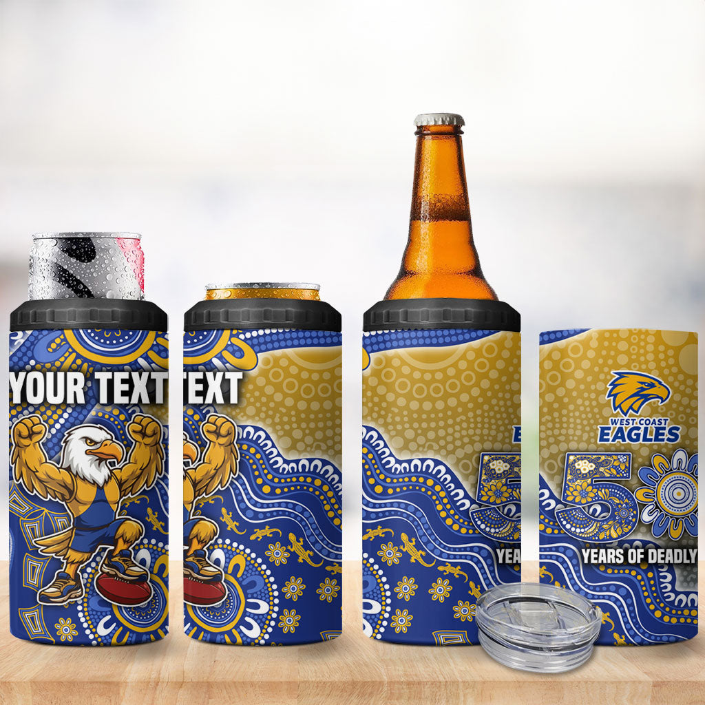 Personalized West Coast Eagles Football Mascot 4 in 1 Can Cooler Tumbler Aboriginal Dot Art Style Vibrant Indigenous Pattern Design