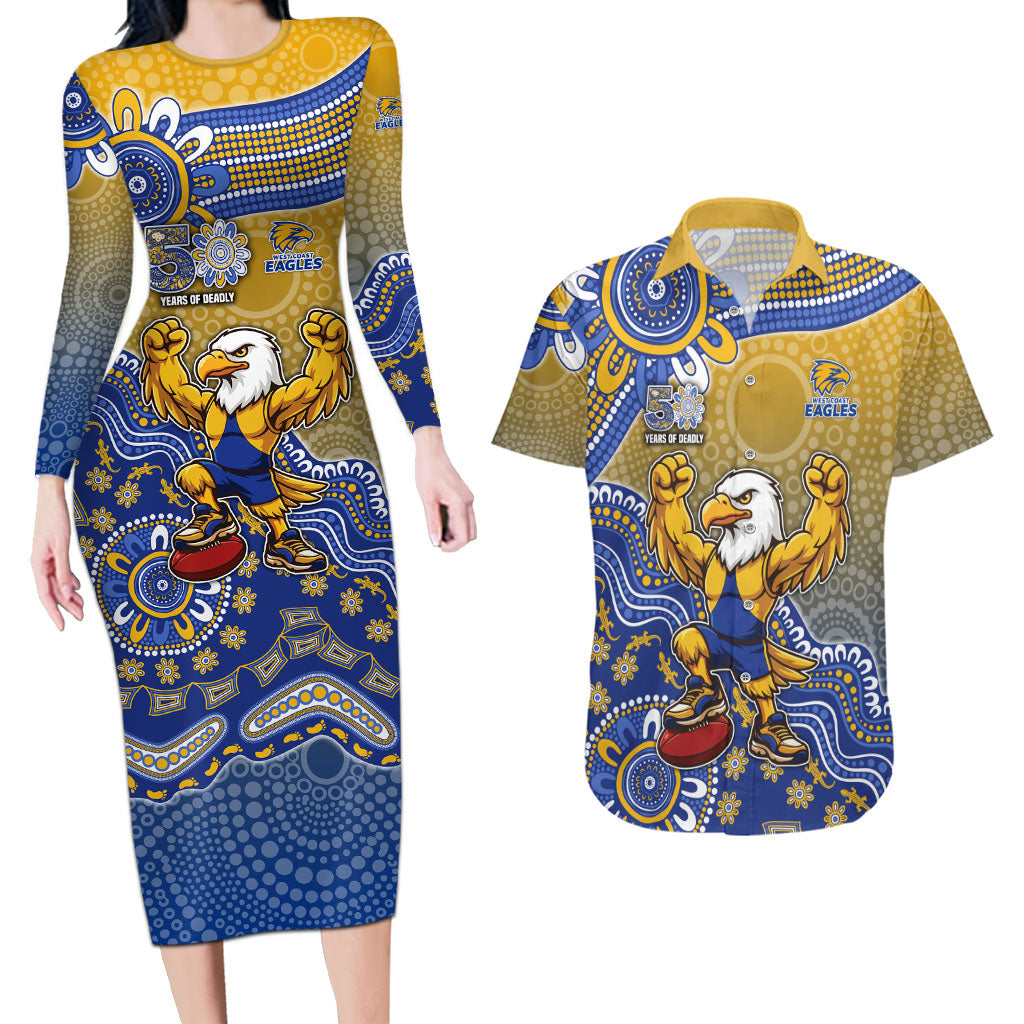 Personalized West Coast Eagles Football Mascot Couples Matching Long Sleeve Bodycon Dress and Hawaiian Shirt Aboriginal Dot Art Style Vibrant Indigenous Pattern Design