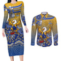 Personalized West Coast Eagles Football Mascot Couples Matching Long Sleeve Bodycon Dress and Long Sleeve Button Shirt Aboriginal Dot Art Style Vibrant Indigenous Pattern Design