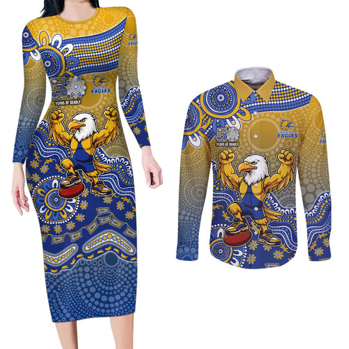 Personalized West Coast Eagles Football Mascot Couples Matching Long Sleeve Bodycon Dress and Long Sleeve Button Shirt Aboriginal Dot Art Style Vibrant Indigenous Pattern Design