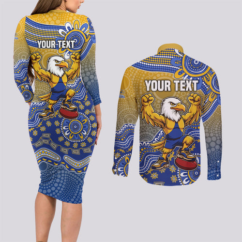 Personalized West Coast Eagles Football Mascot Couples Matching Long Sleeve Bodycon Dress and Long Sleeve Button Shirt Aboriginal Dot Art Style Vibrant Indigenous Pattern Design