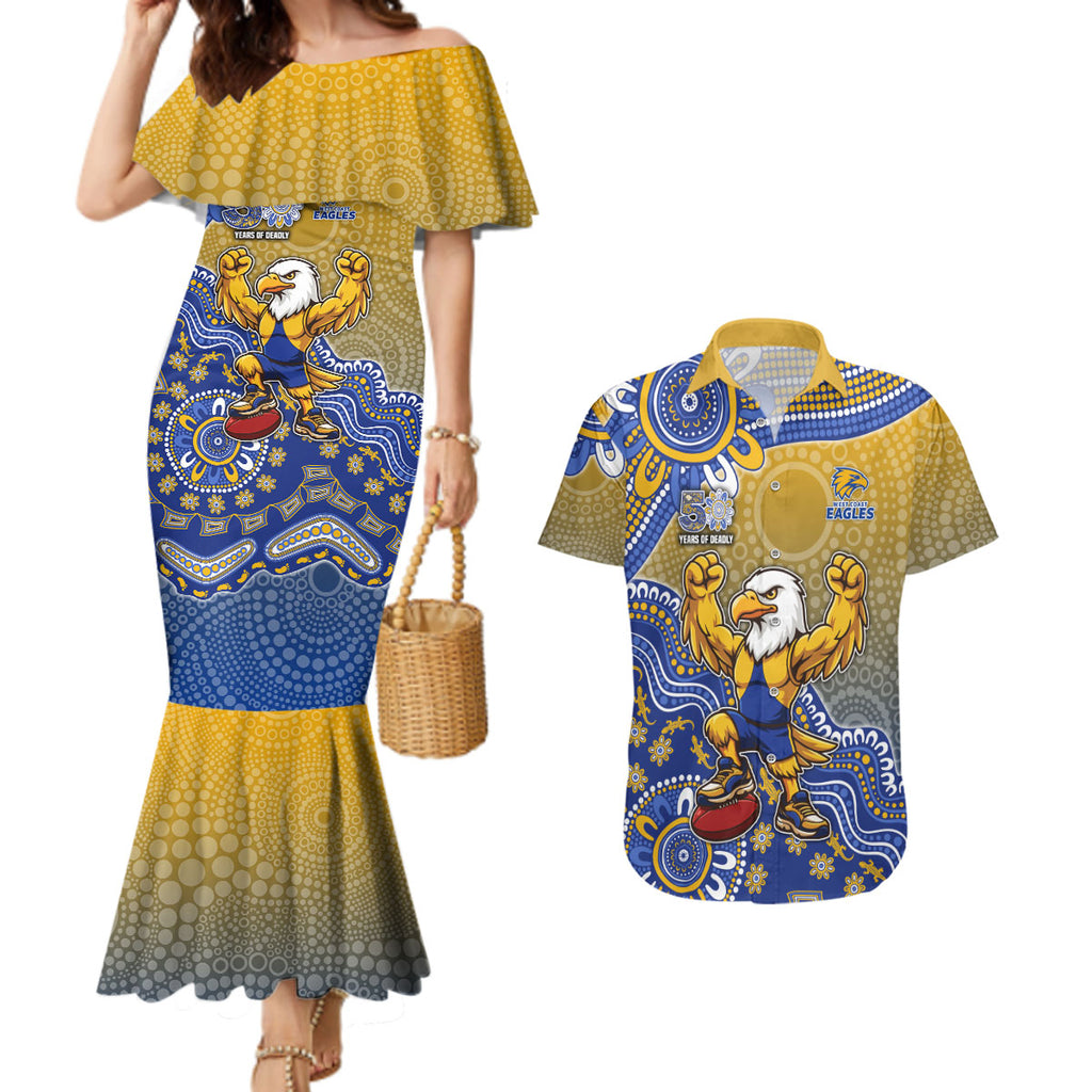 Personalized West Coast Eagles Football Mascot Couples Matching Mermaid Dress and Hawaiian Shirt Aboriginal Dot Art Style Vibrant Indigenous Pattern Design