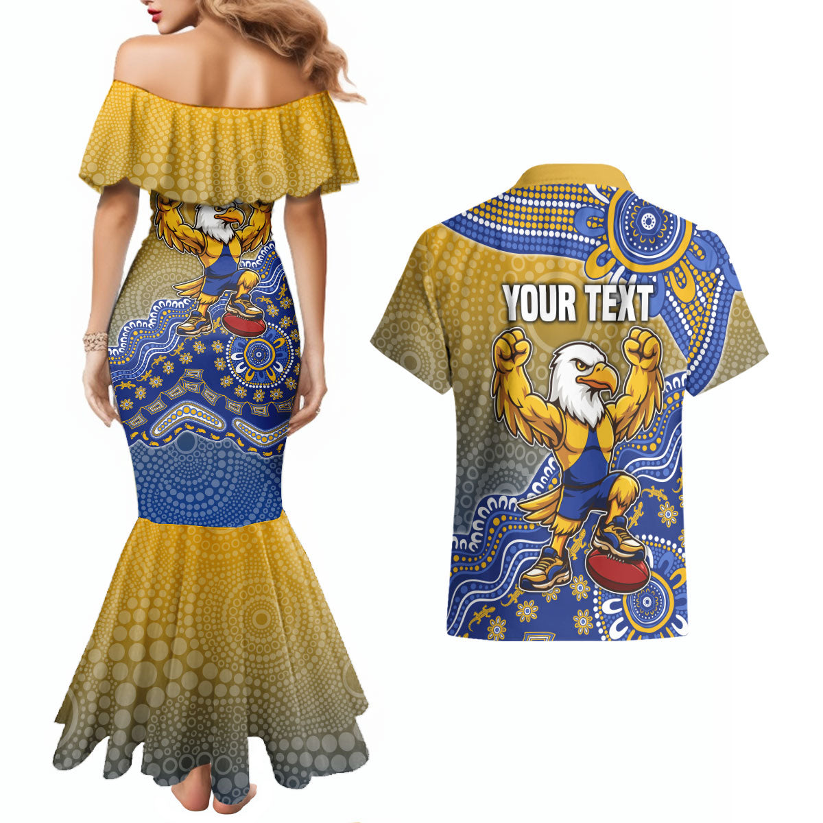 Personalized West Coast Eagles Football Mascot Couples Matching Mermaid Dress and Hawaiian Shirt Aboriginal Dot Art Style Vibrant Indigenous Pattern Design