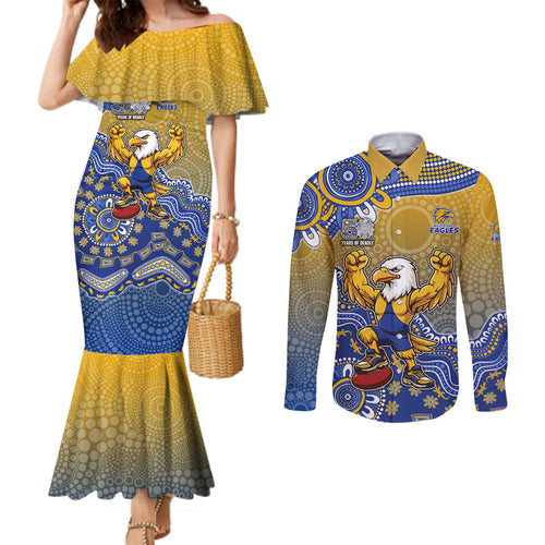 Personalized West Coast Eagles Football Mascot Couples Matching Mermaid Dress and Long Sleeve Button Shirt Aboriginal Dot Art Style Vibrant Indigenous Pattern Design