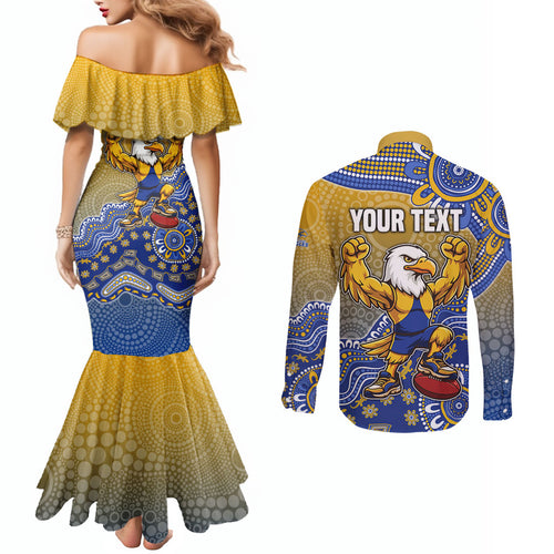 Personalized West Coast Eagles Football Mascot Couples Matching Mermaid Dress and Long Sleeve Button Shirt Aboriginal Dot Art Style Vibrant Indigenous Pattern Design