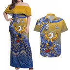Personalized West Coast Eagles Football Mascot Couples Matching Off Shoulder Maxi Dress and Hawaiian Shirt Aboriginal Dot Art Style Vibrant Indigenous Pattern Design