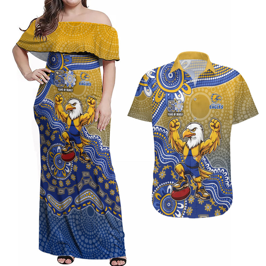 Personalized West Coast Eagles Football Mascot Couples Matching Off Shoulder Maxi Dress and Hawaiian Shirt Aboriginal Dot Art Style Vibrant Indigenous Pattern Design