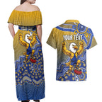Personalized West Coast Eagles Football Mascot Couples Matching Off Shoulder Maxi Dress and Hawaiian Shirt Aboriginal Dot Art Style Vibrant Indigenous Pattern Design