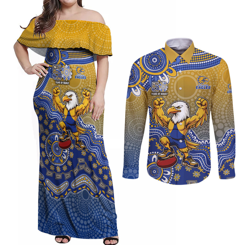 Personalized West Coast Eagles Football Mascot Couples Matching Off Shoulder Maxi Dress and Long Sleeve Button Shirt Aboriginal Dot Art Style Vibrant Indigenous Pattern Design