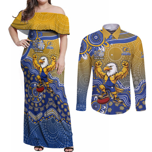 Personalized West Coast Eagles Football Mascot Couples Matching Off Shoulder Maxi Dress and Long Sleeve Button Shirt Aboriginal Dot Art Style Vibrant Indigenous Pattern Design