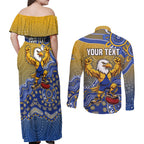 Personalized West Coast Eagles Football Mascot Couples Matching Off Shoulder Maxi Dress and Long Sleeve Button Shirt Aboriginal Dot Art Style Vibrant Indigenous Pattern Design