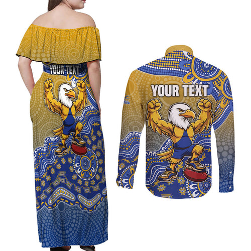 Personalized West Coast Eagles Football Mascot Couples Matching Off Shoulder Maxi Dress and Long Sleeve Button Shirt Aboriginal Dot Art Style Vibrant Indigenous Pattern Design
