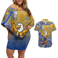 Personalized West Coast Eagles Football Mascot Couples Matching Off Shoulder Short Dress and Hawaiian Shirt Aboriginal Dot Art Style Vibrant Indigenous Pattern Design