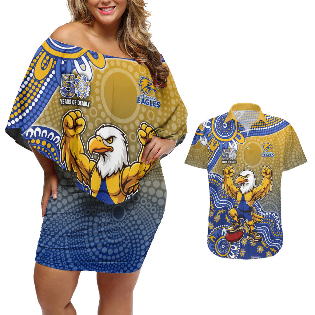 Personalized West Coast Eagles Football Mascot Couples Matching Off Shoulder Short Dress and Hawaiian Shirt Aboriginal Dot Art Style Vibrant Indigenous Pattern Design