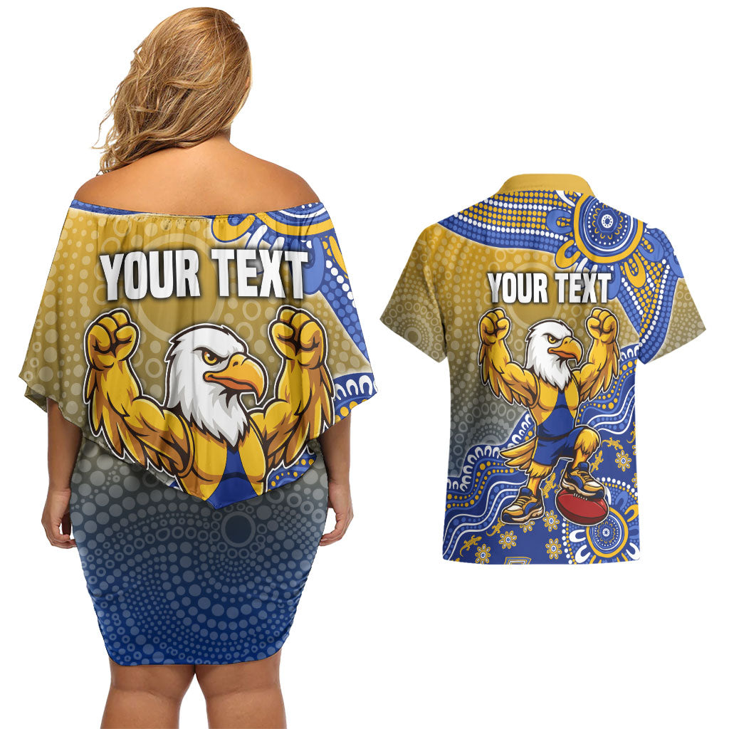 Personalized West Coast Eagles Football Mascot Couples Matching Off Shoulder Short Dress and Hawaiian Shirt Aboriginal Dot Art Style Vibrant Indigenous Pattern Design