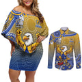 Personalized West Coast Eagles Football Mascot Couples Matching Off Shoulder Short Dress and Long Sleeve Button Shirt Aboriginal Dot Art Style Vibrant Indigenous Pattern Design