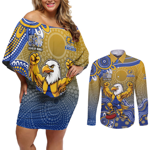 Personalized West Coast Eagles Football Mascot Couples Matching Off Shoulder Short Dress and Long Sleeve Button Shirt Aboriginal Dot Art Style Vibrant Indigenous Pattern Design