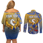 Personalized West Coast Eagles Football Mascot Couples Matching Off Shoulder Short Dress and Long Sleeve Button Shirt Aboriginal Dot Art Style Vibrant Indigenous Pattern Design