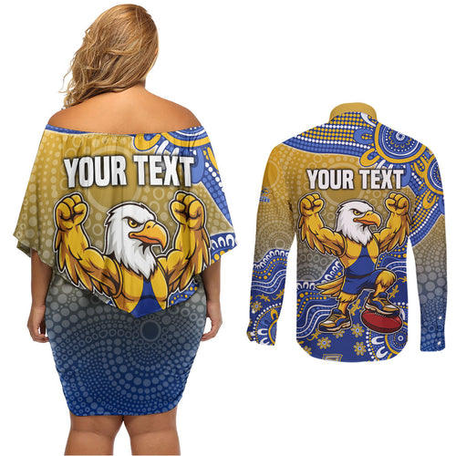 Personalized West Coast Eagles Football Mascot Couples Matching Off Shoulder Short Dress and Long Sleeve Button Shirt Aboriginal Dot Art Style Vibrant Indigenous Pattern Design