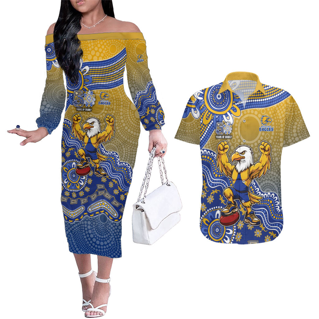 Personalized West Coast Eagles Football Mascot Couples Matching Off The Shoulder Long Sleeve Dress and Hawaiian Shirt Aboriginal Dot Art Style Vibrant Indigenous Pattern Design