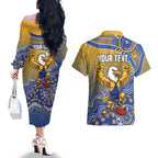 Personalized West Coast Eagles Football Mascot Couples Matching Off The Shoulder Long Sleeve Dress and Hawaiian Shirt Aboriginal Dot Art Style Vibrant Indigenous Pattern Design