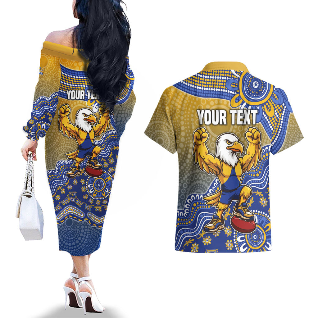 Personalized West Coast Eagles Football Mascot Couples Matching Off The Shoulder Long Sleeve Dress and Hawaiian Shirt Aboriginal Dot Art Style Vibrant Indigenous Pattern Design
