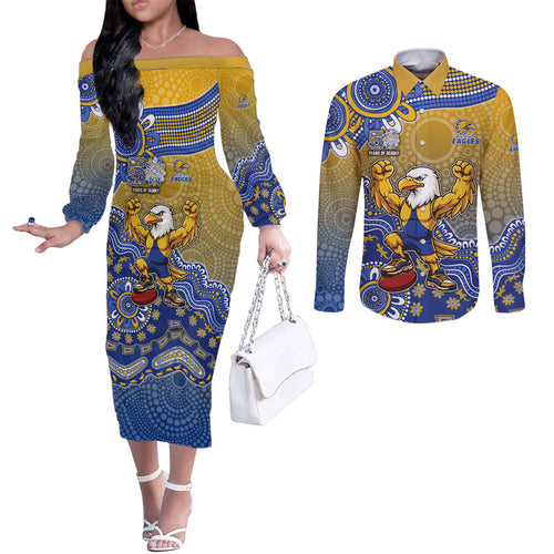 Personalized West Coast Eagles Football Mascot Couples Matching Off The Shoulder Long Sleeve Dress and Long Sleeve Button Shirt Aboriginal Dot Art Style Vibrant Indigenous Pattern Design