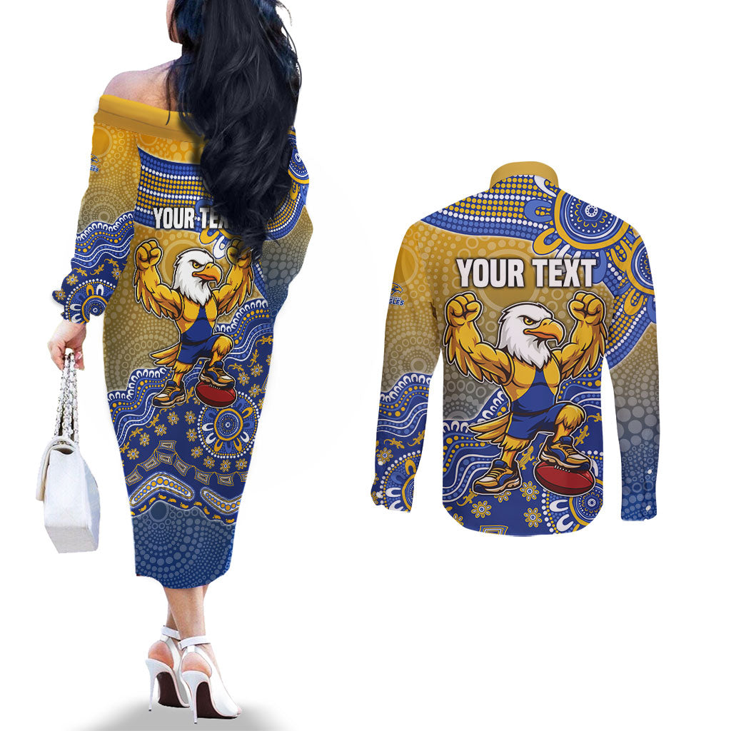 Personalized West Coast Eagles Football Mascot Couples Matching Off The Shoulder Long Sleeve Dress and Long Sleeve Button Shirt Aboriginal Dot Art Style Vibrant Indigenous Pattern Design