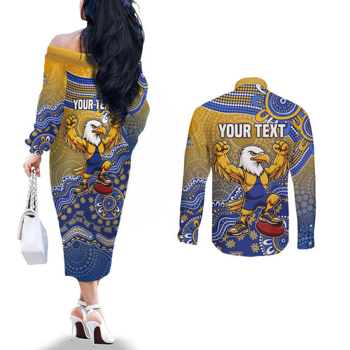 Personalized West Coast Eagles Football Mascot Couples Matching Off The Shoulder Long Sleeve Dress and Long Sleeve Button Shirt Aboriginal Dot Art Style Vibrant Indigenous Pattern Design