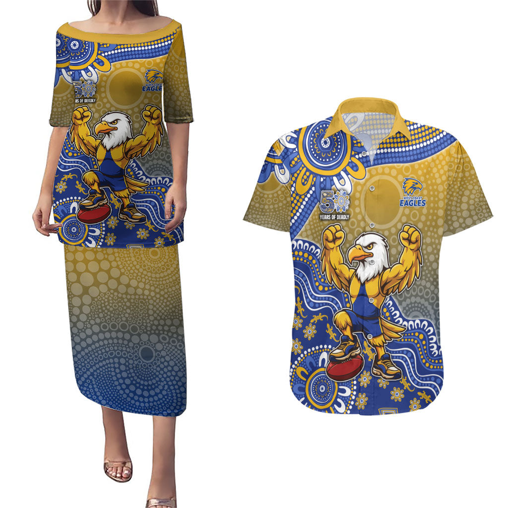 Personalized West Coast Eagles Football Mascot Couples Matching Puletasi and Hawaiian Shirt Aboriginal Dot Art Style Vibrant Indigenous Pattern Design