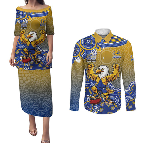 Personalized West Coast Eagles Football Mascot Couples Matching Puletasi and Long Sleeve Button Shirt Aboriginal Dot Art Style Vibrant Indigenous Pattern Design