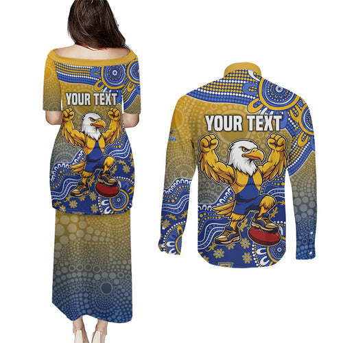 Personalized West Coast Eagles Football Mascot Couples Matching Puletasi and Long Sleeve Button Shirt Aboriginal Dot Art Style Vibrant Indigenous Pattern Design