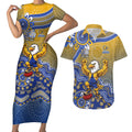 Personalized West Coast Eagles Football Mascot Couples Matching Short Sleeve Bodycon Dress and Hawaiian Shirt Aboriginal Dot Art Style Vibrant Indigenous Pattern Design
