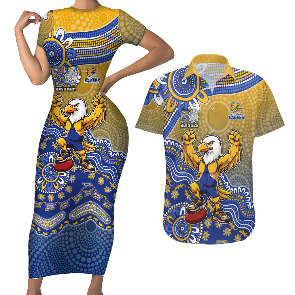 Personalized West Coast Eagles Football Mascot Couples Matching Short Sleeve Bodycon Dress and Hawaiian Shirt Aboriginal Dot Art Style Vibrant Indigenous Pattern Design