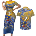 Personalized West Coast Eagles Football Mascot Couples Matching Short Sleeve Bodycon Dress and Hawaiian Shirt Aboriginal Dot Art Style Vibrant Indigenous Pattern Design